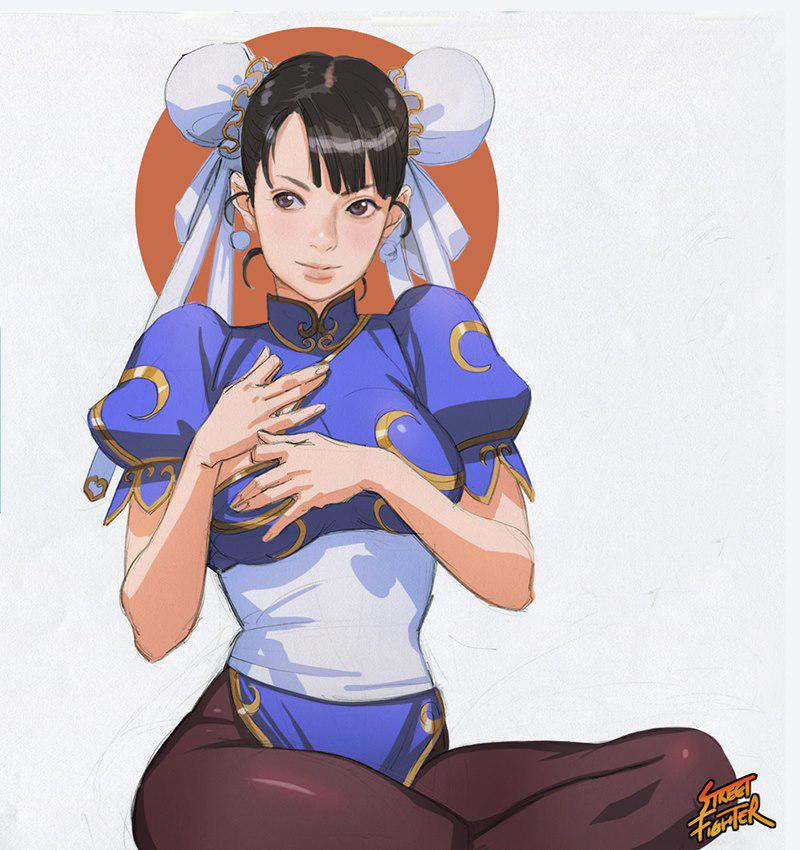 1girl, black_eyes, black_hair, blue_dress, bracelet, brown_pantyhose, bun_cover, capcom