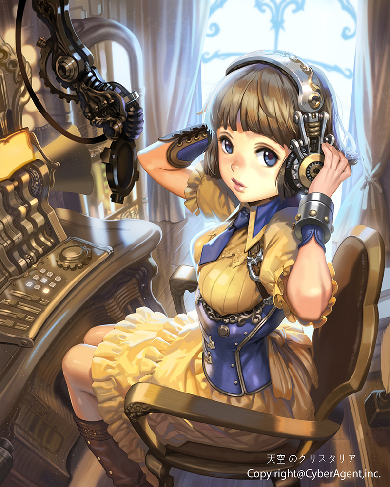 1girl, blue_eyes, brown_hair, chair, copyright_name, corset, curtains, female_focus