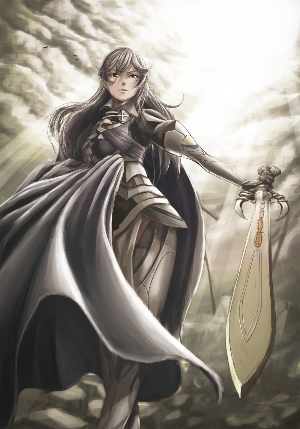 1girl, armor, bird, blue_cape, cape, clothing_cutout, faulds, feet_out_of_frame