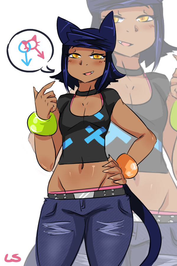 0lightsource, 1boy, animal_ears, bad_id, bad_pixiv_id, bracelet, cat_boy, cat_ears, cat_tail, choker, cowboy_shot, crossdressing, crossdressing_(mtf), dark-skinned_male, dark_skin, hand_on_own_hip, interlocked_mars_symbols, jewelry, looking_at_viewer, male_focus, mars_symbol, midriff, murasaki_(lightsource), navel, original, shirt, short_sleeves, simple_background, solo, speech_bubble, spoken_mars_symbol, spoken_venus_symbol, standing, t-shirt, tail, trap, venus_symbol, white_background, zoom_layer