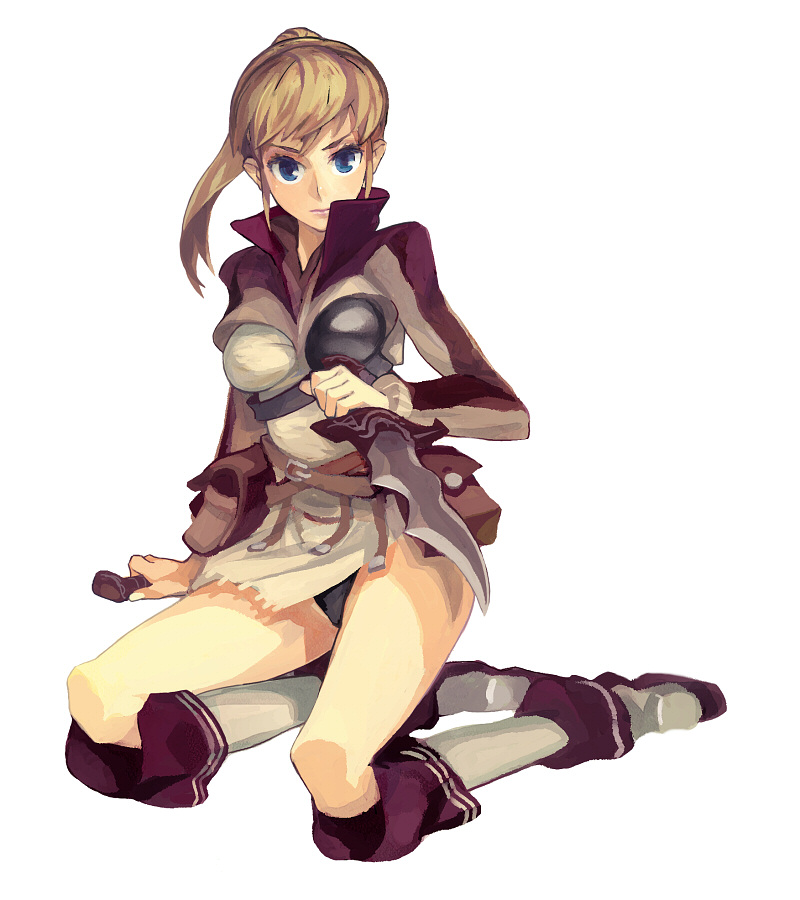 1girl, blue_eyes, brown_hair, fantasy_earth_zero, female_focus, forgotten_artist, kneeling, long_hair, ponytail, ryman, shudou_rima, solo, sword, weapon