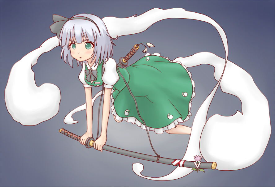 >:o, 1girl, :o, bow, bowtie, dress, floating, flower, ghost, gradient_background, green_dress, green_eyes, grey_hair, hair_ribbon, kane_chori, kaneachori, konpaku_youmu, konpaku_youmu_(ghost), puffy_short_sleeves, puffy_sleeves, ribbon, serious, short_hair, short_sleeves, sword, touhou, v-shaped_eyebrows, weapon