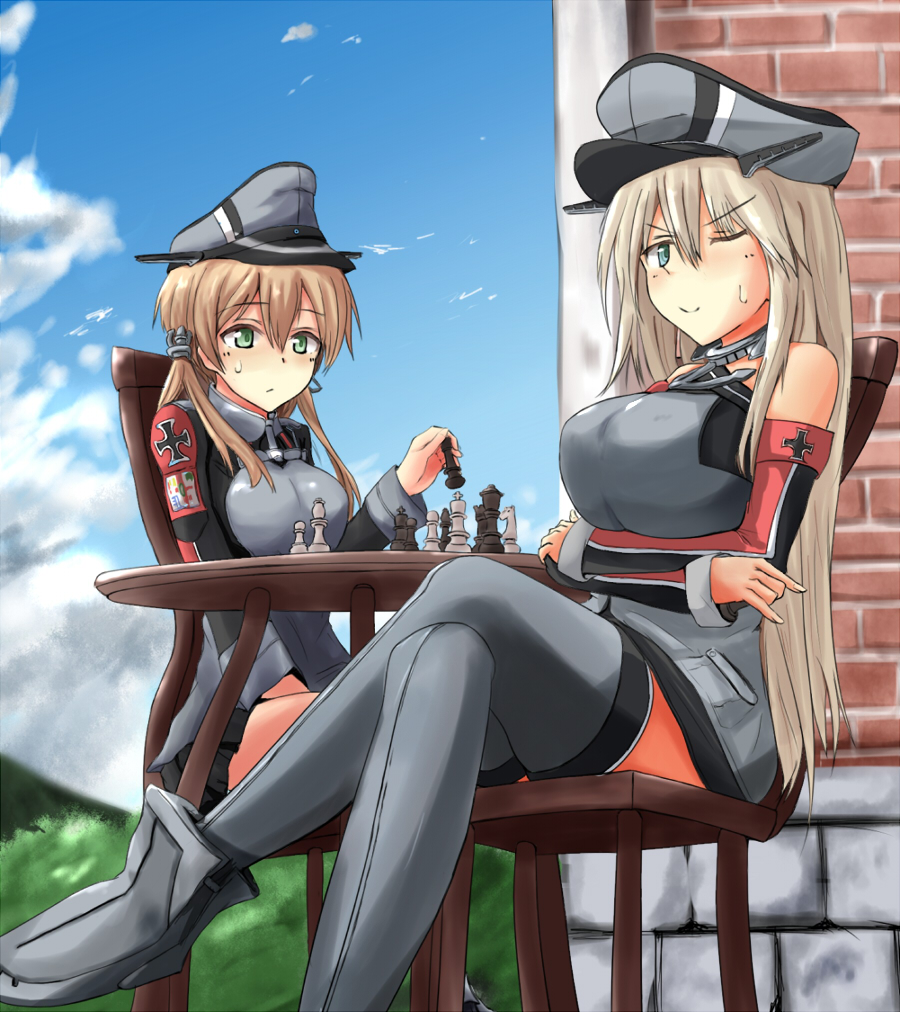 10s, 2girls, aqua_eyes, bismarck_(kancolle), blonde_hair, board_game, breasts, chair, chess, green_eyes, hat, kantai_collection, long_hair, multiple_girls, prinz_eugen_(kancolle), sitting, takemitsu-zamurai