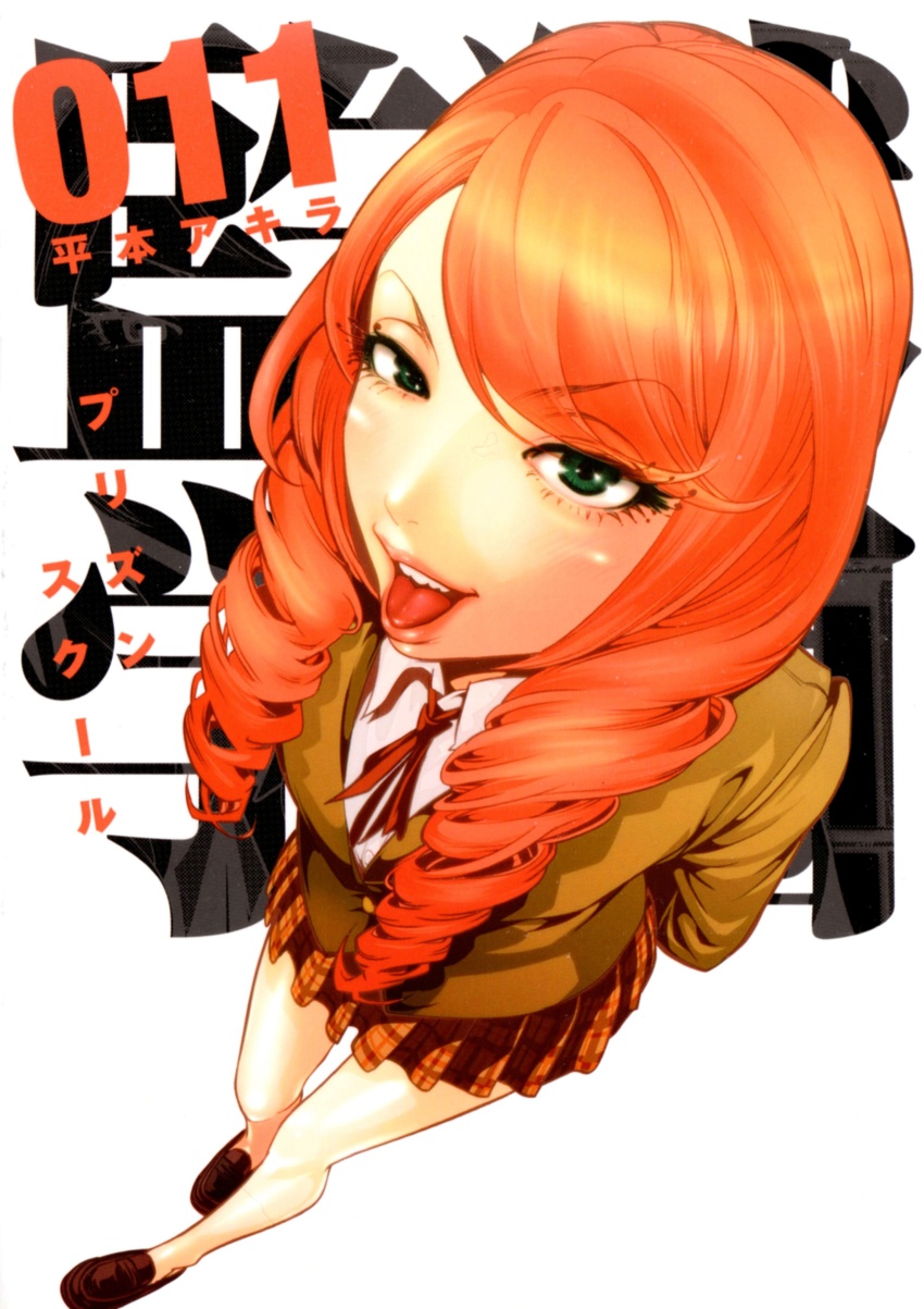 10s, 1girl, absurdres, female_focus, green_eyes, highres, lipstick, long_hair, makeup, official_art, prison_school, red_hair, simple_background, solo, takenomiya_kate, tongue