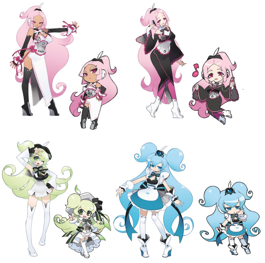 4girls, black_hair, blue_eyes, breasts, chibi, dark_skin, dark-skinned_female, dress