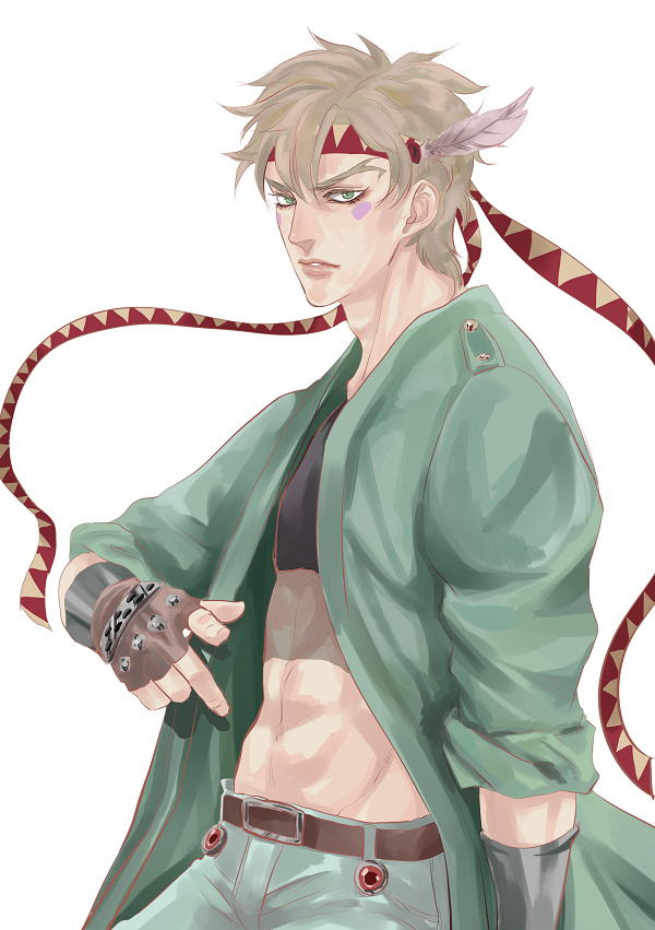 1boy, bad_id, bad_pixiv_id, blonde_hair, caesar_anthonio_zeppeli, facial_mark, feather_hair_ornament, feathers