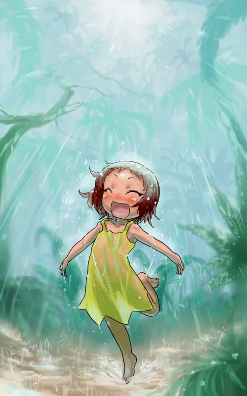 1girl, barefoot, blush, boro, brown_hair, bush, child, closed_eyes, dress, female_focus, full_body, happy, jungle_wa_itsumo_hare_nochi_guu, mari_(jungle_wa_itsumo), open_mouth, outdoors, rain, short_hair, smile, solo, toes, tree, wet, yellow_dress