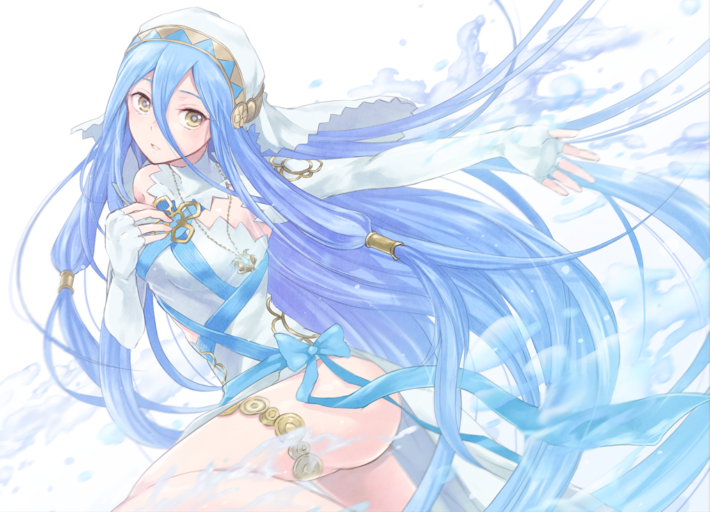 1girl, ass, azura_(fire_emblem), bad_id, bad_pixiv_id, blue_hair, bow, detached_collar, dress, elbow_gloves, female_focus, fingerless_gloves, fire_emblem, fire_emblem_fates, gloves, hair_between_eyes, long_hair, nintendo, outstretched_arm, parted_lips, potechi_norisio, ribbon, simple_background, solo, very_long_hair, water, white_gloves, yellow_eyes