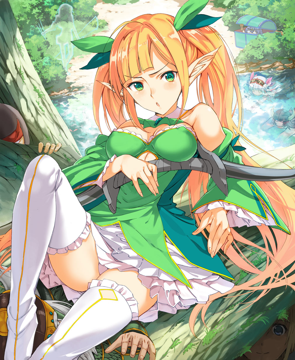 3boys, 4girls, :o, bare_shoulders, blush, boots, bow_(weapon), breasts, cypria_(sennen_sensou_aigis), dark_knight_(sennen_sensou_aigis), detached_sleeves, elf, funes_(sennen_sensou_aigis), green_eyes, gustav_(sennen_sensou_aigis), hair_ribbon, hien_(sennen_sensou_aigis), highres, invisible, kurissa_(sennen_sensou_aigis), long_hair, looking_at_viewer, metallican, multiple_boys, multiple_girls, nature, outdoors, pointy_ears, ribbon, rita_(sennen_sensou_aigis), sennen_sensou_aigis, sky, small_breasts, solo_focus, spica_(sennen_sensou_aigis), thigh_boots, thighhighs, twintails, very_long_hair, water, weapon, when_you_see_it, white_footwear, white_legwear