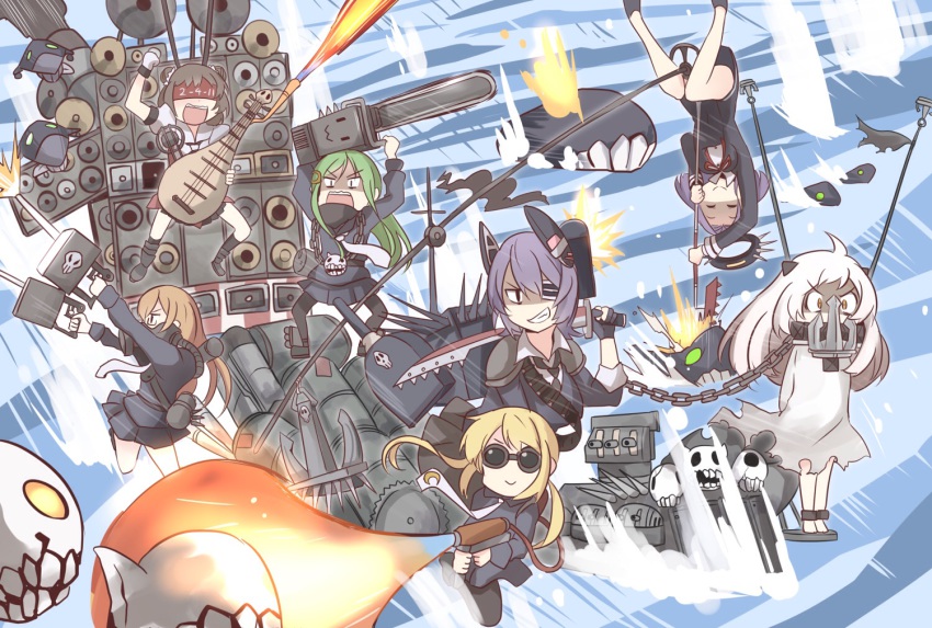 2_fuel_4_ammo_11_steel, 6+girls, abyssal_ship, anchor, arms_behind_back, bad_id, bad_pixiv_id, bdsm, black_hair, black_serafuku, blindfold, blonde_hair, bondage, bound, bound_wrists, brown_hair, chain, chainsaw, cosplay, double_bun, enemy_aircraft_(kancolle), eyepatch, flamethrower, gas_mask, glaive_(polearm), glasses, gloves, goggles, green_hair, guitar, gun, hair_bun, hair_intakes, halo, ido_(teketeke), immortan_joe, instrument, kantai_collection, long_hair, mad_max, mad_max:_fury_road, mask, mechanical_halo, military, military_vehicle, mochizuki_(kancolle), motor_vehicle, multiple_girls, nagatsuki_(kancolle), naka_(kancolle), northern_ocean_princess, open_mouth, parody, personification, polearm, purple_hair, ro-class_destroyer, satsuki_(kancolle), school_uniform, serafuku, ship, ship_turret, short_hair, skirt, speaker, striped_background, sword, tatsuta_(kancolle), tenryuu_(kancolle), the_doof_warrior, the_doof_warrior_(cosplay), twintails, upside-down, vehicle, warship, watercraft, weapon, white_hair