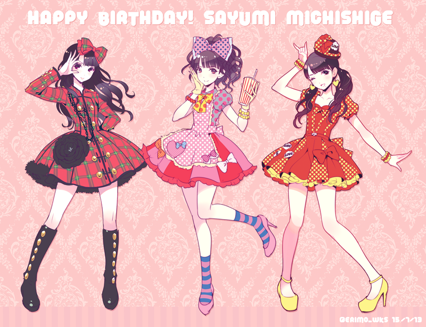 1girl, bag, black_footwear, boots, bow, brown_hair, cup, dated