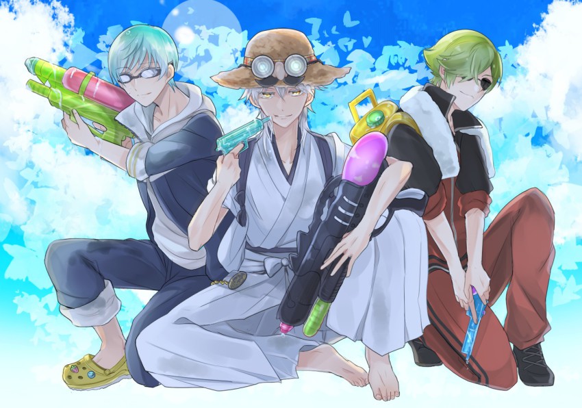 10s, 3boys, aqua_hair, crocs, four_rare_tachi_(touken_ranbu), glasses, goggles, gradient_background