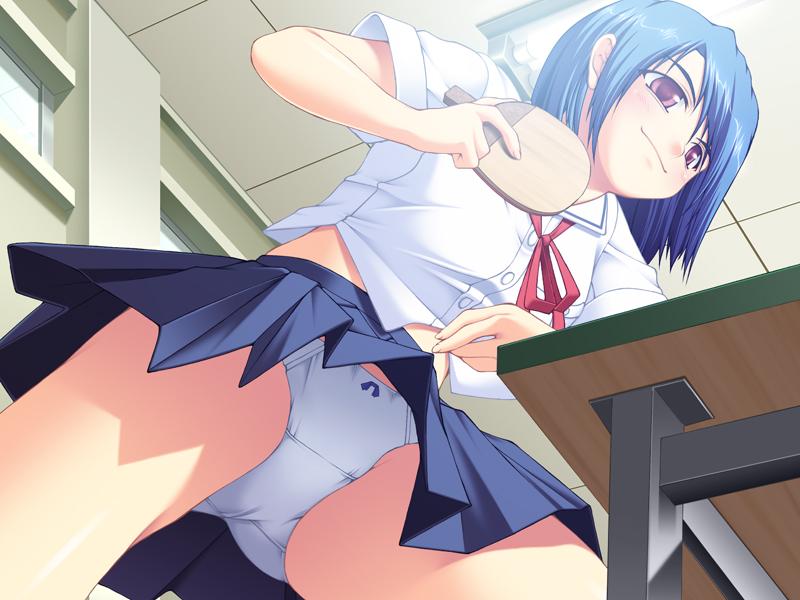 1girl, blue_hair, blush, bow, bow_panties, female_focus, from_below, game_cg, nishizaki_eimu, paddle, panties, pantyshot, red_eyes, ren'ai_byou, school_uniform, serafuku, solo, table_tennis, table_tennis_paddle, takaoka_misaki, underwear, upskirt, white_panties