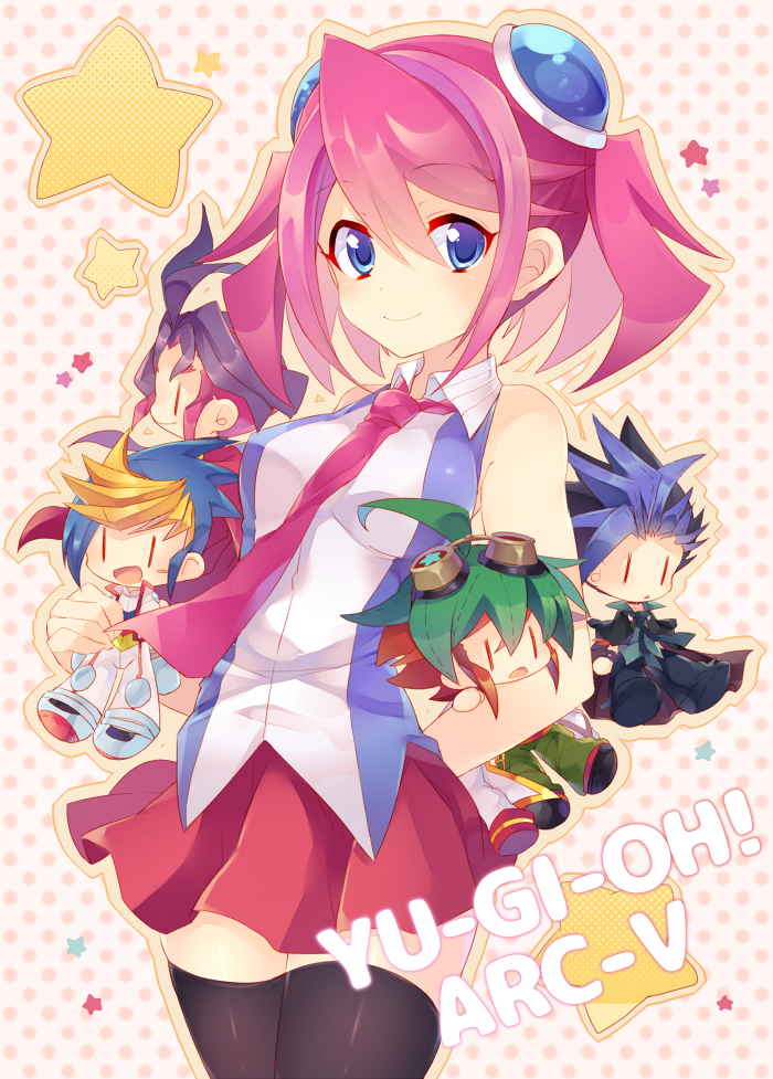 1girl, 4boys, ahoge, blonde_hair, blue_hair, character_doll, chibi, colored_bangs