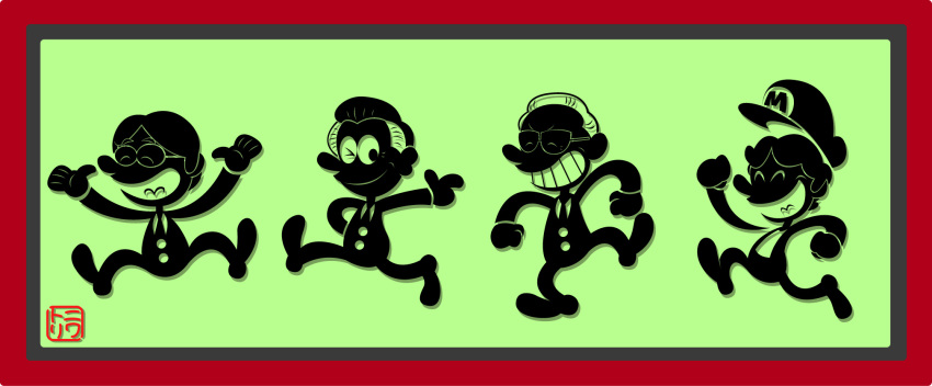 4boys, border, closed_eyes, game_&amp;_watch, glasses, grin, hat, highres, index_finger_raised, iwata_satoru, male_focus, miyamoto_shigeru, multiple_boys, necktie, nintendo, niwatori_(nagoyan_east), open_mouth, real_life, red_border, simple_background, smile, white_hair, yamauchi_hiroshi, yokoi_gunpei