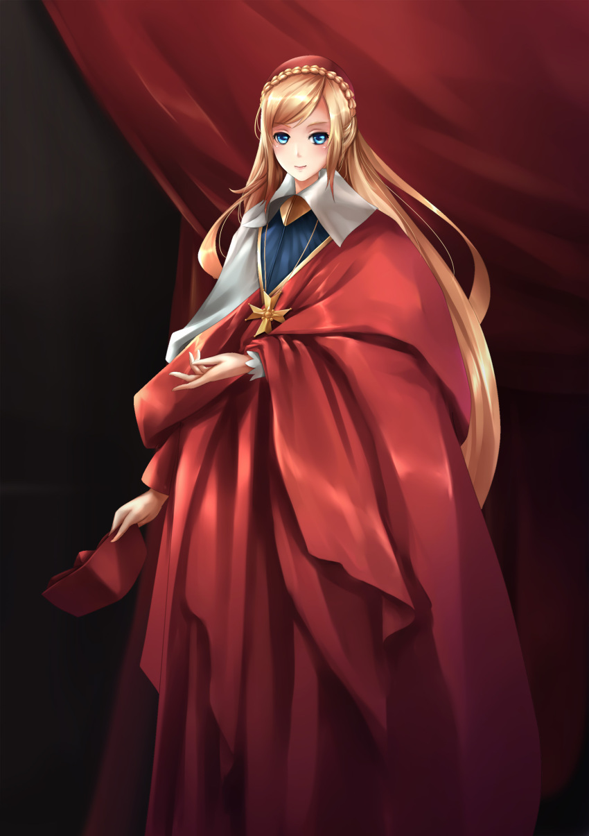 1girl, absurdres, blonde_hair, blue_eyes, braid, cardinal_richelieu, cosplay, cross, cross_necklace, crown_braid, curtains, female_focus, free_french_navy, gradient_background, grey_eyes, hat, highres, holding, holding_unworn_clothes, holding_unworn_hat, jewelry, l.sy, long_hair, looking_at_viewer, name_connection, necklace, richelieu_(warship_girls_r), robe, skullcap, smile, solo, swept_bangs, unworn_hat, unworn_headwear, very_long_hair, warship_girls_r