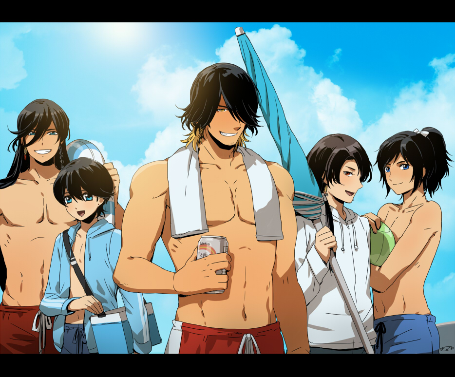 10s, 5boys, beach_umbrella, black_hair, blonde_hair, blue_eyes, blue_sky, closed_umbrella