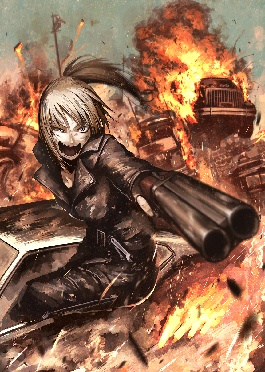 1girl, blonde_hair, blue_eyes, burning, burning_vehicle, car, double-barreled_shotgun, explosion, fingerless_gloves, fire, gloves, gun, hetza_(hellshock), highres, jacket, leather, leather_jacket, mad_max, mad_max:_fury_road, motor_vehicle, multiple-barrel_gun, open_mouth, original, ponytail, sawed-off_shotgun, shotgun, side-by-side-barreled_shotgun, suzumi_(hetza), the_doof_warrior, truck, weapon, wrench