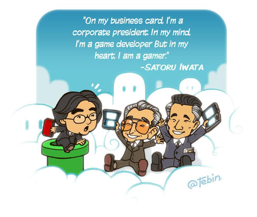 >_<, 3boys, arms_up, artist_name, black_hair, closed_eyes, cloud, english_text, formal_clothes, game_boy, game_boy_(original), glasses, gradient_background, grey_hair, grin, handheld_game_console, iwata_satoru, male_focus, multiple_boys, necktie, nintendo, nintendo_3ds, nintendo_ds, shoes, sky, smile, suit, tebin, text_focus, yamauchi_hiroshi, yokoi_gunpei