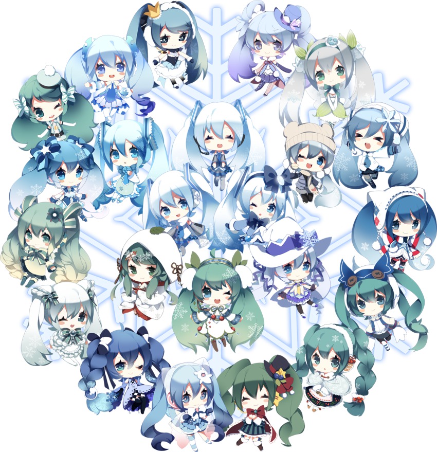1girl, 6+girls, animal_ear_hat, aqua_eyes, aqua_hair, bad_id, bad_pixiv_id, blue_eyes, blue_hair, blue_mittens, boots, bow, braid, buttons, capelet, chibi, detached_sleeves, facinator, flower, gradient_background, gradient_hair, green_eyes, green_hair, hair_bow, hairband, hat, hat_ornament, hat_pom_pom, hatsune_miku, highres, japanese_clothes, lily_of_the_valley, long_hair, mini_hat, mini_top_hat, mittens, multicolored_hair, multiple_girls, multiple_persona, open_mouth, pom_pom_(clothes), revision, shouen_kigashi, skirt, smile, snowflake_hat_ornament, snowflake_print, snowflakes, top_hat, twintails, very_long_hair, vocaloid, white_mittens, winter_clothes, yuki_miku, yuki_miku_(2013)_(candidate_no.1), yuki_miku_(2013)_(candidate_no.2), yuki_miku_(2013)_(candidate_no.4), yuki_miku_(2014)_(candidate_no.1), yuki_miku_(2014)_(candidate_no.2), yuki_miku_(2014)_(candidate_no.3), yuki_miku_(2014)_(candidate_no.4), yuki_miku_(2014)_(candidate_no.5), yuki_miku_(2014)_(candidate_no.6), yuki_miku_(2014)_(candidate_no.7), yuki_miku_(2014)_(candidate_no.9), yuki_miku_(2015)_(candidate_no.1), yuki_miku_(2015)_(candidate_no.3), yuki_miku_(2016)_(candidate_no.1), yuki_miku_(2016)_(candidate_no.3), yuki_miku_(2016)_(candidate_no.4)