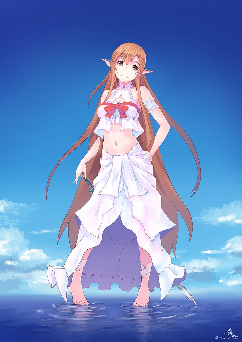 10s, 1girl, asuna_(sao), brown_eyes, brown_hair, crop_top, crop_top_overhang, feihong