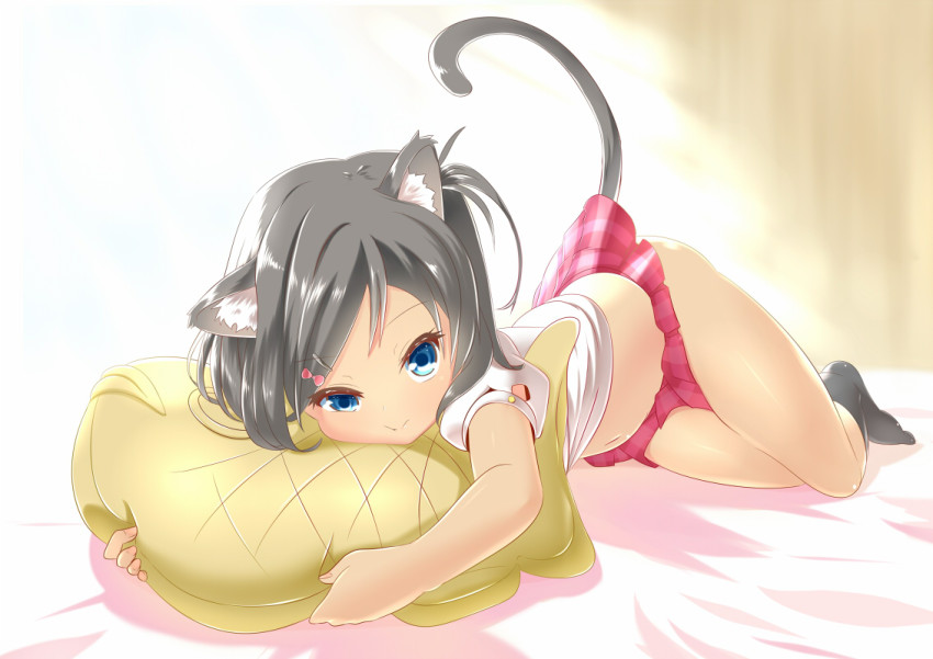 10s, 1girl, animal_ears, black_hair, blue_eyes, bra-cky, cat_ears, cat_tail