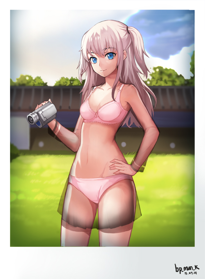 10s, 1girl, blue_eyes, bra, camcorder, charlotte_(anime), cowboy_shot, dated, female_focus, hand_on_own_hip, long_hair, panties, pink_bra, pink_panties, see-through_clothes, silver_hair, skirt, sl86, smile, solo, tomori_nao, two_side_up, underwear, video_camera, x-ray_vision