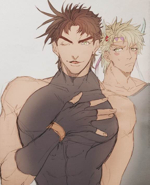 2boys, caesar_anthonio_zeppeli, feather_hair_ornament, feathers, fingerless_gloves, gloves, hair_ornament, hand_on_own_chest