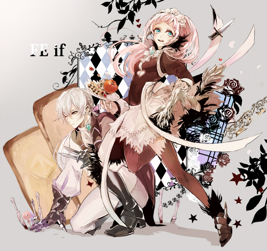 1boy, 1girl, blue_eyes, brown_hair, butler, copyright_name, felicia_(fire_emblem), fire_emblem