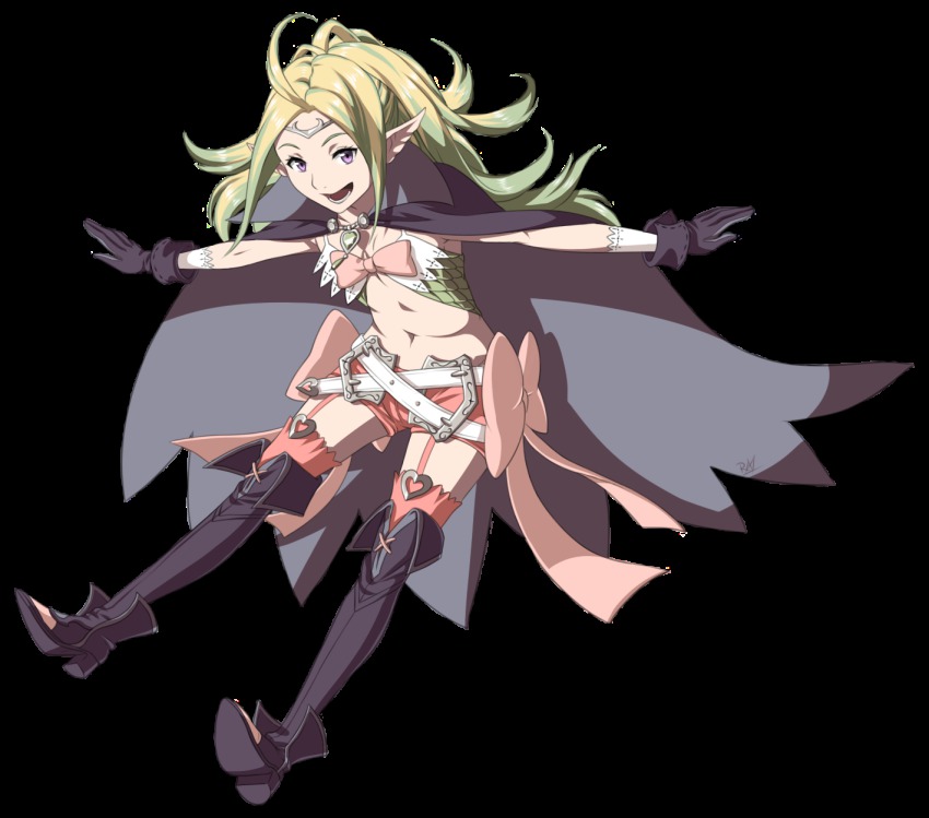 1girl, ahoge, belt, black_gloves, blonde_hair, boots, bow, breasts, cape, child, circlet, female_focus, fire_emblem, fire_emblem_awakening, flat_chest, full_body, garter_straps, gloves, green_hair, heart, highres, knee_boots, long_hair, multicolored_hair, navel, nintendo, nowi_(fire_emblem), open_mouth, outstretched_arms, pink_thighhighs, pointy_ears, purple_eyes, r-a-1, short_shorts, shorts, small_breasts, solo, spread_arms, thighhighs, tiara, transparent_background, two-tone_hair