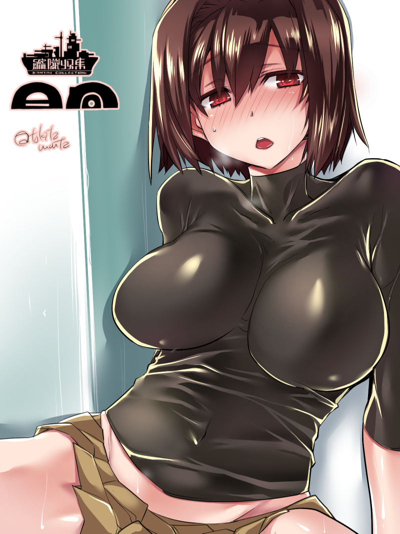 10s, 1girl, bad_id, bad_pixiv_id, blush, breasts, breath, brown_hair