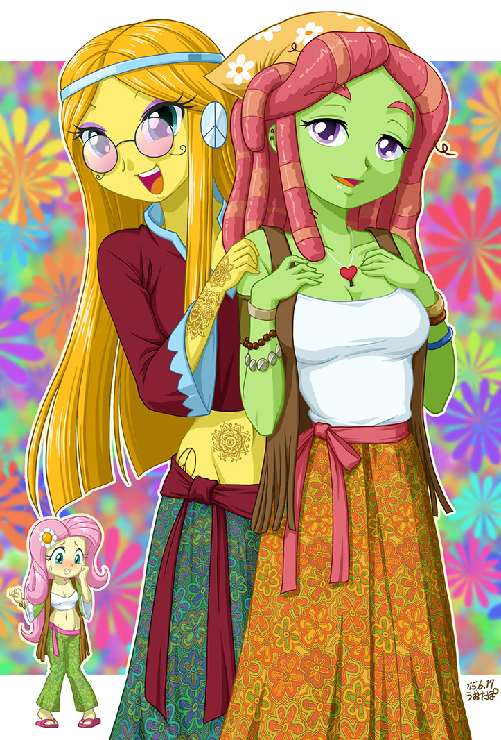 3girls, animification, bandana, bracelet, earrings, fluttershy, glasses, headband, jewelry, midriff, multiple_girls, my_little_pony, my_little_pony:_equestria_girls, my_little_pony:_friendship_is_magic, personification, sandals, tattoo, tree_hugger, uotapo, wheat_grass
