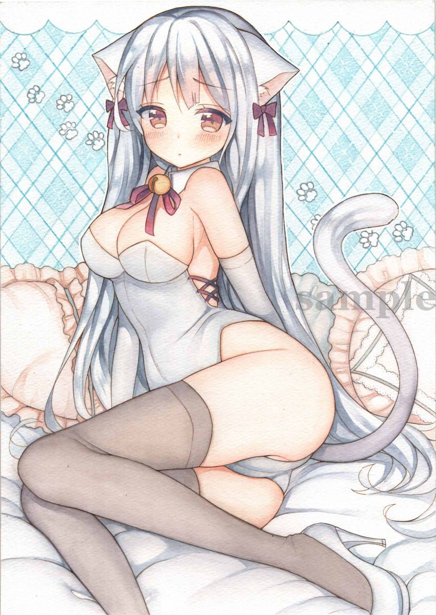 1girl, animal_ears, argyle_background, argyle_clothes, bare_shoulders, bell, black_thighhighs, blush, bow, breasts, cat_ears, cat_girl, cat_tail, cleavage, detached_collar, elbow_gloves, female_focus, frilled_pillow, frills, gloves, hair_bow, high_heels, highres, jingle_bell, kittysuit, large_breasts, long_hair, looking_at_viewer, mugicha_(mugicha0929), nontraditional_playboy_bunny, original, painting_(medium), pillow, red_eyes, sample_watermark, silver_hair, solo, tail, thighhighs, traditional_media, watercolor_(medium), watermark, white_gloves