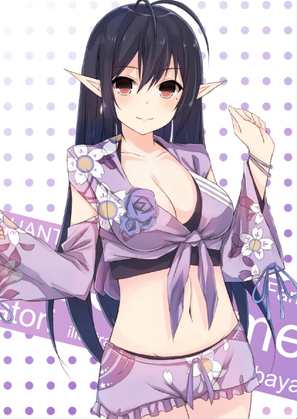 1girl, antenna_hair, bad_id, bad_pixiv_id, black_hair, breasts, cleavage, cowboy_shot