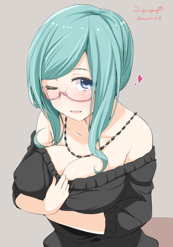 1girl, azami_miwako, blue_eyes, breasts, cleavage, clothes_pull, female_focus, glasses, green_hair, kichihachi, large_breasts, long_hair, shirt_pull, simple_background, solo, tokyo_7th_sisters, twitter_username