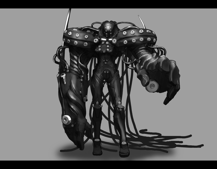00s, 1girl, bodysuit, breasts, cable, female_focus, gantz, gantz_advanced_suit, gantz_suit, gauntlets, grey_background, greyscale, helmet, machinery, mecha, monochrome, oka_hachirou, robot, simple_background, solo, tsukuba_masahiro, wire