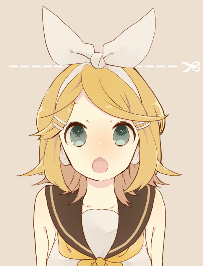 1girl, bare_shoulders, blonde_hair, blue_eyes, blush, empty_eyes, hair_ornament, headphones, kagamine_rin, open_mouth, ribbon, school_uniform, serafuku, short_hair, simple_background, surprised, ume_chazuke, vocaloid