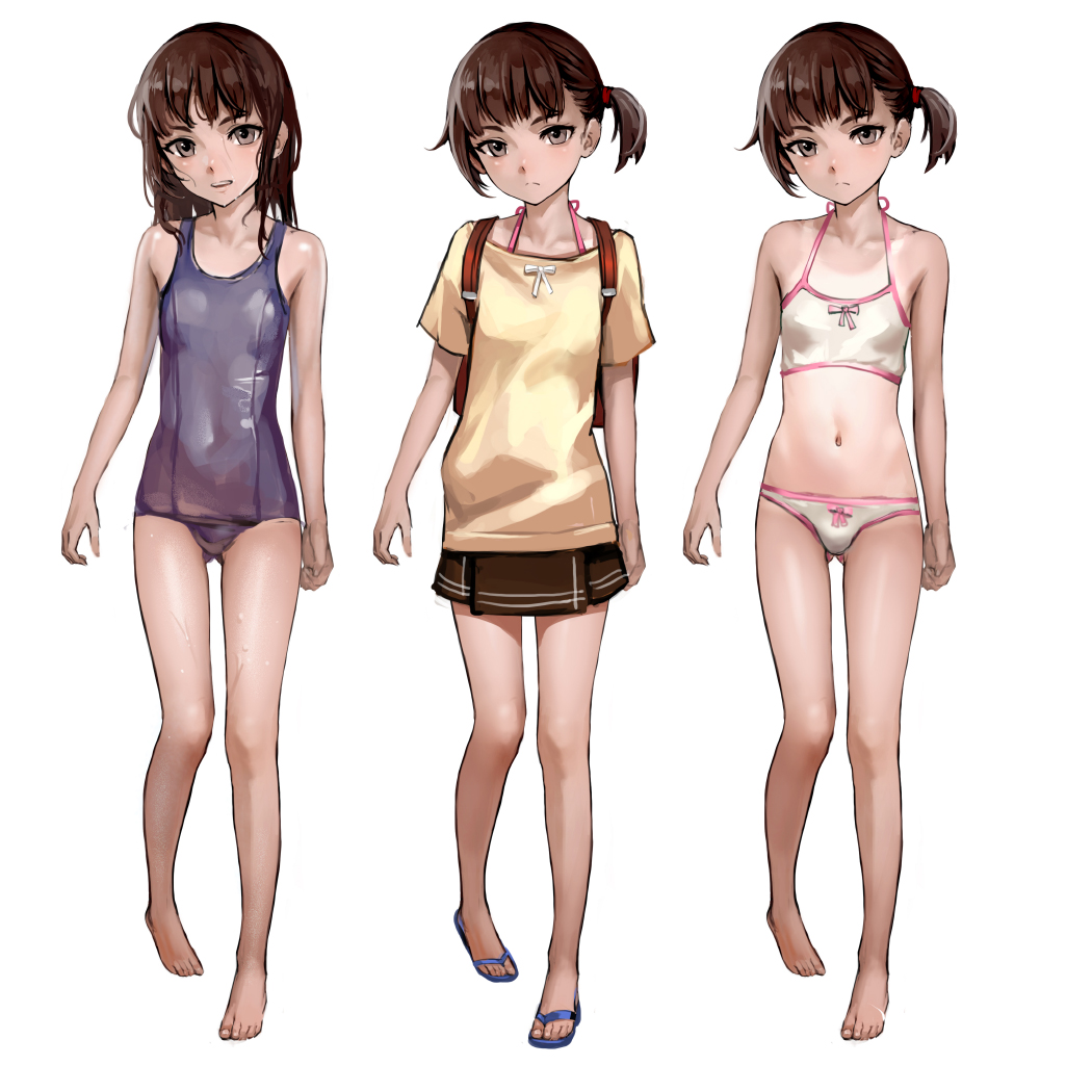 3girls, as109, backpack, bad_id, bad_pixiv_id, bag, barefoot, bikini, breasts, brown_hair, reference_sheet, collarbone, grey_eyes, hair_down, loli, looking_at_viewer, multiple_girls, natsu_no_aru_koto, navel, old_school_swimsuit, one-piece_swimsuit, one-piece_tan, randoseru, sandals, school_swimsuit, scrunchie, shirt, side_ponytail, simple_background, skirt, small_breasts, swimsuit, tan, tanline, variations, wet, white_bikini