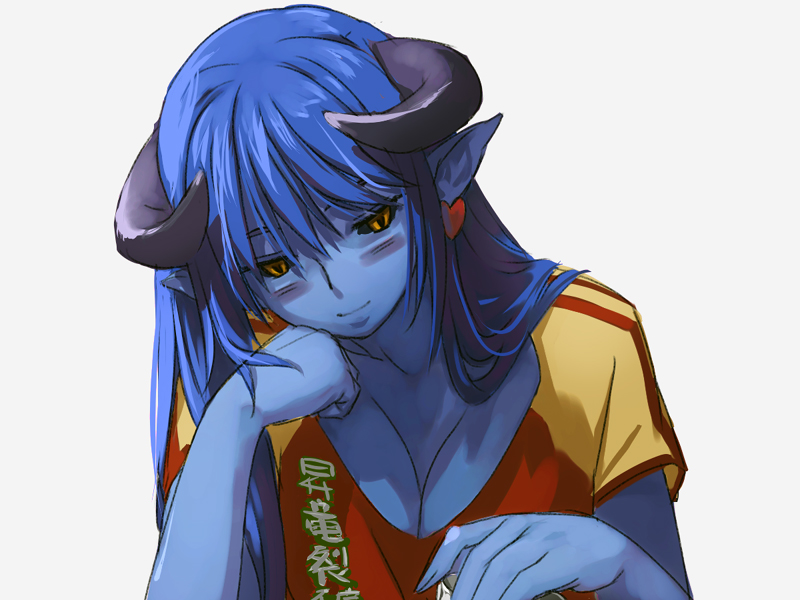 1girl, astaroth_(shinrabanshou), black_sclera, blue_hair, blue_skin, breasts, cleavage, clothes_writing