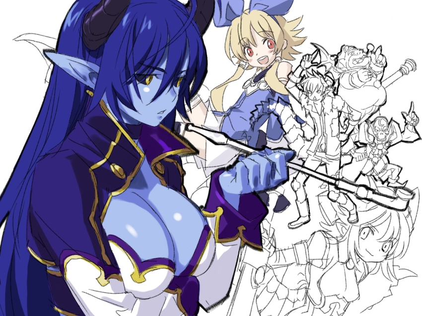 3girls, asmodeus_(shinrabanshou), black_sclera, blue_hair, blue_skin, breast_hold, breasts, character_request