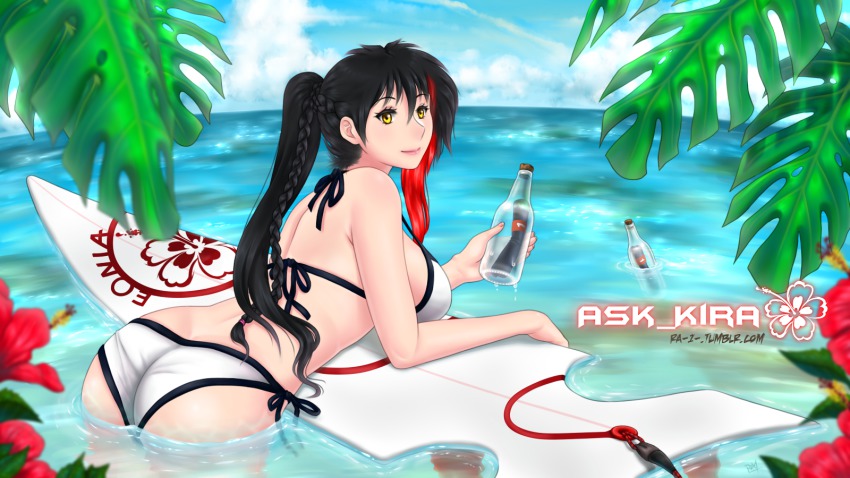 ass, bikini, black_hair, blurry, braid, breasts, cloud, depth_of_field