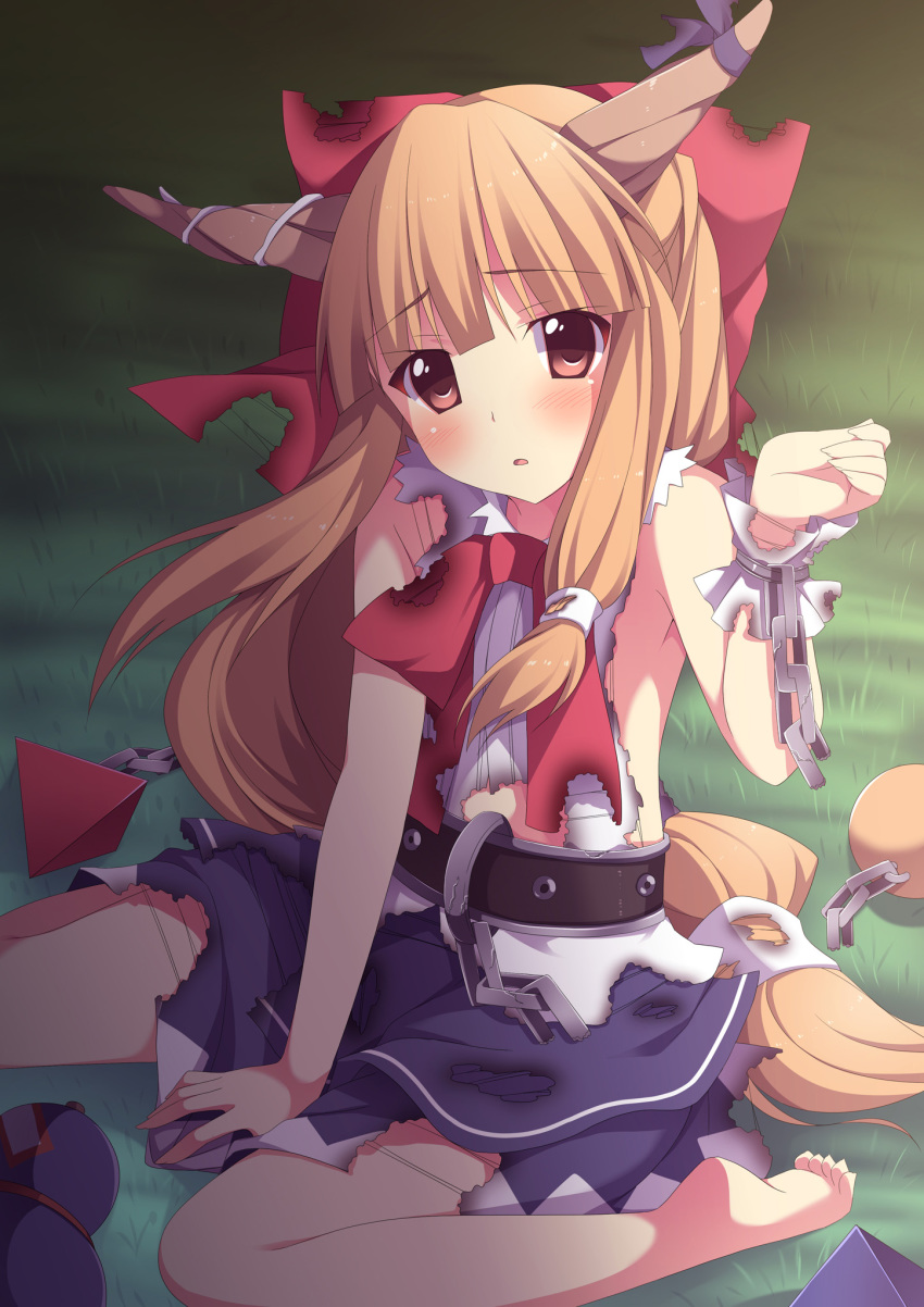 1girl, barefoot, blush, boroe, chain, dress, female_focus, flat_chest