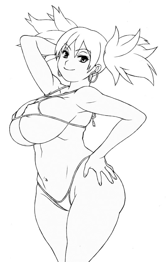 00s, 1girl, bikini, breasts, capcom, covered_erect_nipples, curvy, earrings, female_focus, huge_breasts, jewelry, kei_(bekei), mega_man_(series), mega_man_battle_network, monochrome, ms._madd_(mega_man), plump, simple_background, smile, solo, swimsuit, twintails, white_background, wide_hips