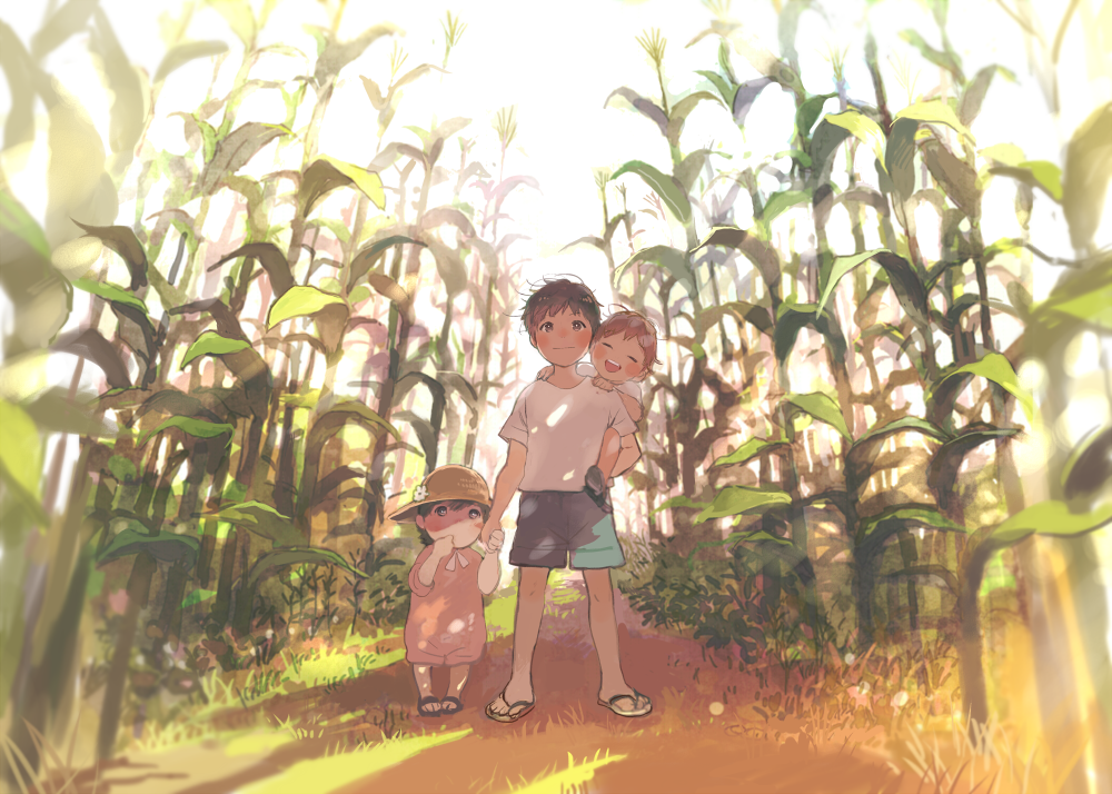 1boy, 1girl, age_difference, androgynous, blush, child, corn, corn_field