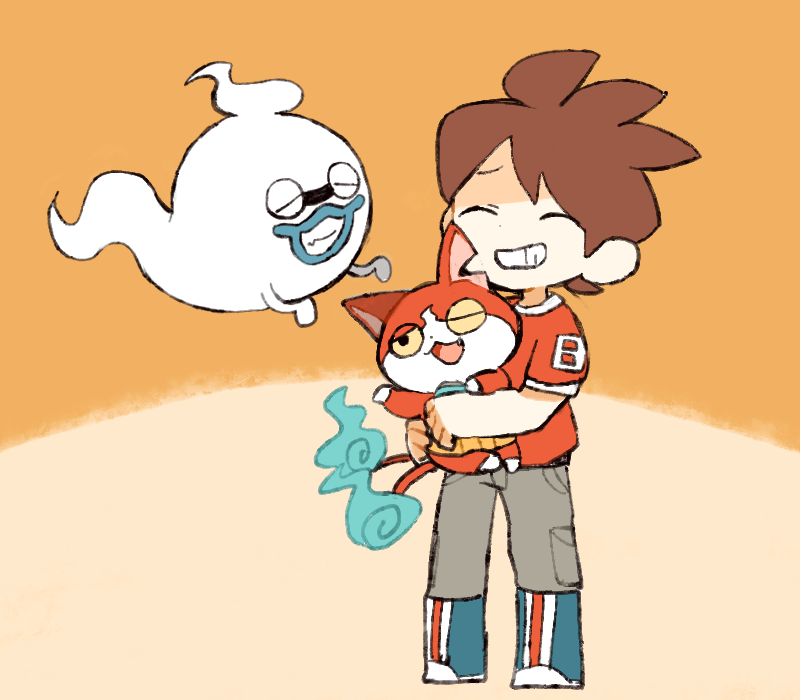 10s, 1boy, amano_keita, blue_lips, boots, brown_hair, cargo_pants, cat, closed_eyes, fang, ghost, grey_pants, grin, haramaki, holding, jibanyan, kuri_(shibimame), multiple_tails, notched_ear, one_eye_closed, open_mouth, pants, red_shirt, shirt, short_hair, simple_background, smile, standing, t-shirt, tail, traditional_youkai, two_tails, whisper_(youkai_watch), youkai_watch