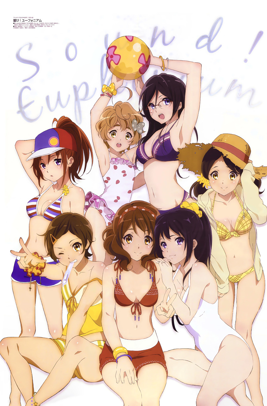 10s, 6+girls, absurdres, animedia, anklet, arm_behind_head, ball, bangle, barefoot, baseball_cap, beachball, between_legs, bikini, bikini_shorts, black_hair, blue_eyes, bow, bracelet, breasts, brown_eyes, brown_hair, casual_one-piece_swimsuit, cleavage, collarbone, floral_print, flower, frilled_swimsuit, frills, front-tie_top, glasses, green_eyes, grin, hair_bow, hair_flower, hair_ornament, hair_scrunchie, hairband, hairclip, hand_between_legs, hand_on_headwear, hand_on_own_thigh, hat, hibike!_euphonium, highres, hood, hoodie, jewelry, kakuda_yuki, katou_hazuki, kawashima_sapphire, kousaka_reina, long_hair, medium_breasts, mouth_hold, multiple_girls, nakagawa_natsuki, navel, official_art, ogasawara_haruka, one-piece_swimsuit, one_eye_closed, open_clothes, open_hoodie, open_mouth, oumae_kumiko, plaid_bikini, plaid_clothes, polka_dot, polka_dot_bow, ponytail, print_swimsuit, purple_bikini, purple_eyes, red_bikini, scrunchie, short_hair, shorts, simple_background, small_breasts, smile, star_(symbol), star_print, straw_hat, striped_bikini, striped_clothes, sun_hat, swimsuit, tanaka_asuka, tupet, v, white_one-piece_swimsuit, wrist_scrunchie, yellow_bikini