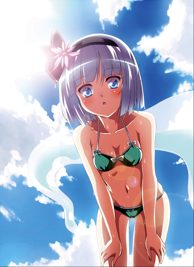 1girl, :o, avalondeduko, backlighting, bikini, blue_eyes, blunt_bangs, bow