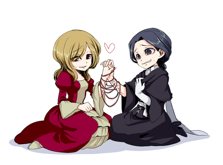2girls, adella_the_nun, arianna_(bloodborne), black_hair, blonde_hair, bloodborne, dress, gloves, heart, interlocked_fingers, long_hair, multiple_girls, murai_shinobu, simple_background, smile
