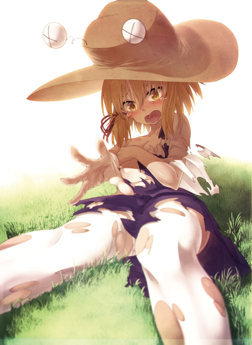 1girl, absurdres, blush, boroe, dress, female_focus, gradient_background, highres, ibuki_notsu, moriya_suwako, pantyhose, shirt, skirt, solo, tears, thighhighs, torn_clothes, torn_dress, torn_legwear, torn_shirt, torn_skirt, torn_sleeves, touhou