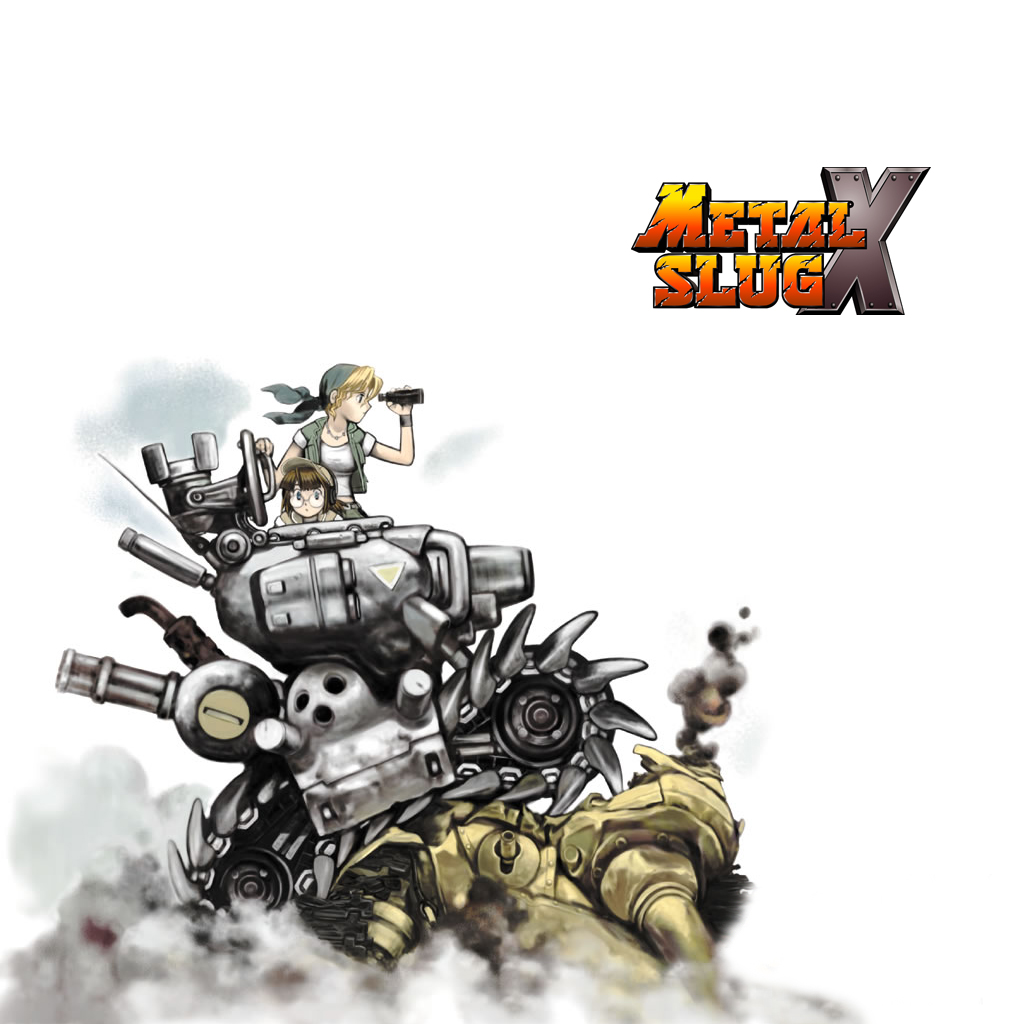 2girls, caterpillar_tracks, field_cap, fio_germi, glasses, hat, kasamoto_eri, metal_slug, metal_slug_x, midriff_peek, military, military_vehicle, motor_vehicle, multiple_girls, official_art, official_wallpaper, snk, sv001_(metal_slug), sv001_(metalslug), tank, vehicle